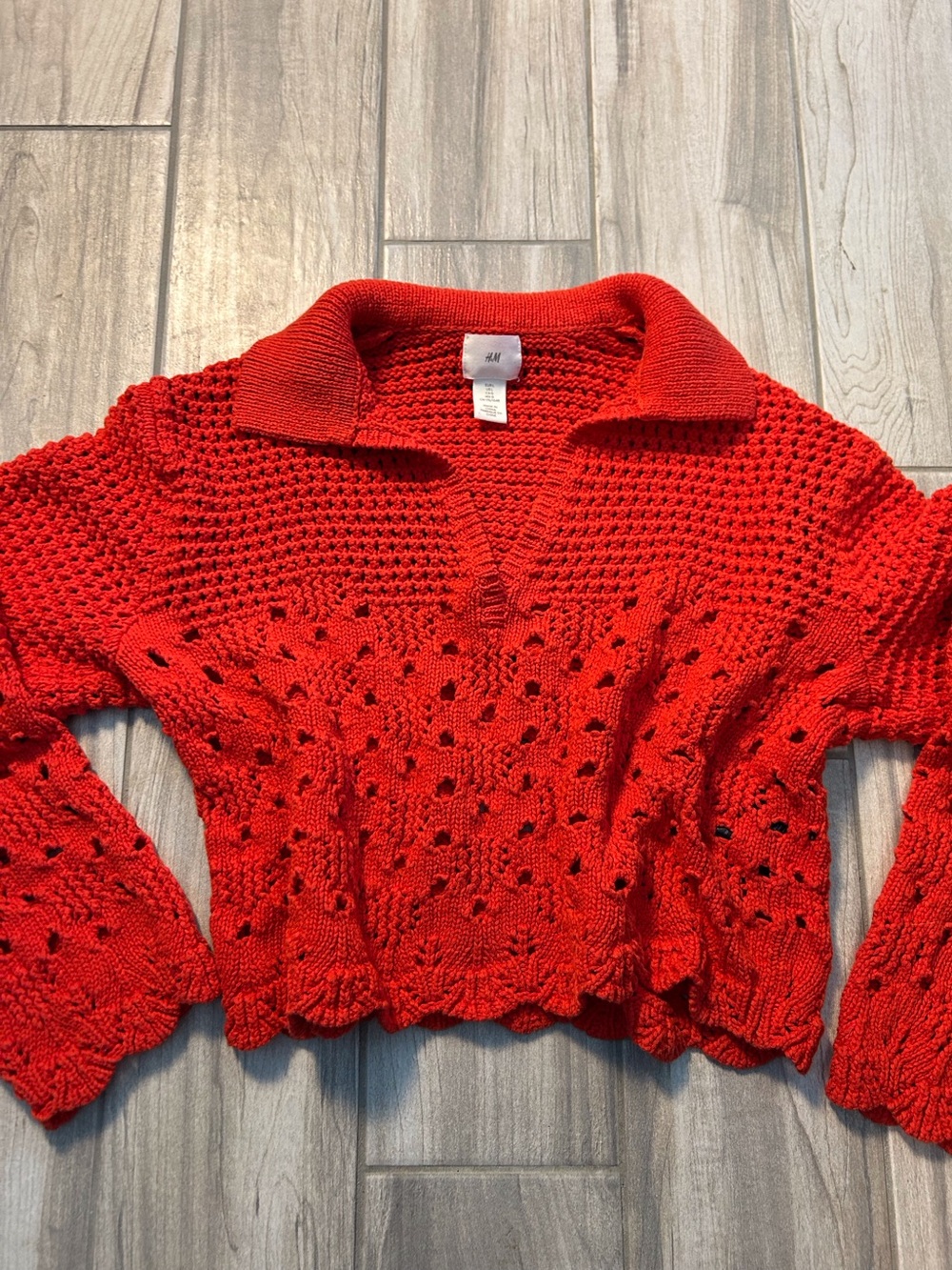 Orange Red Textured Crochet Open Patterned V‑Neck Collared Crop Sweater Large